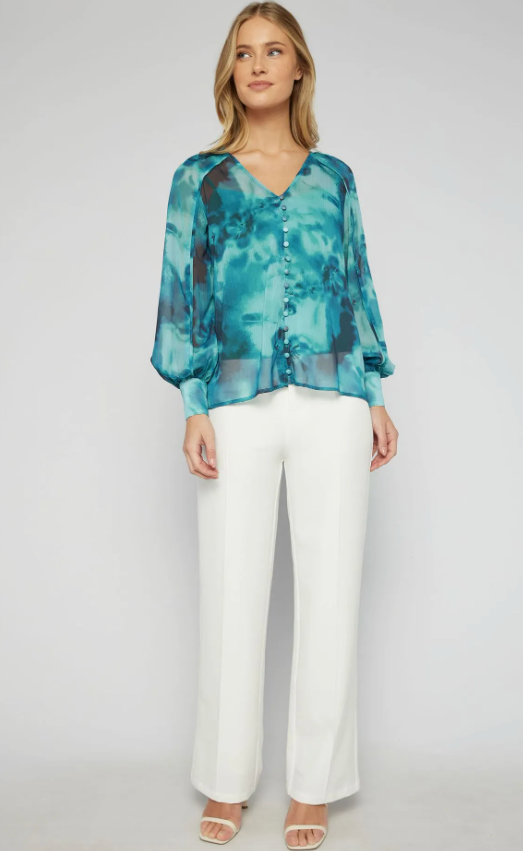 Balloon Sleeve Blouse - Teal Tie Dye