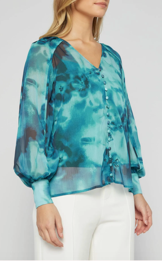 Balloon Sleeve Blouse - Teal Tie Dye