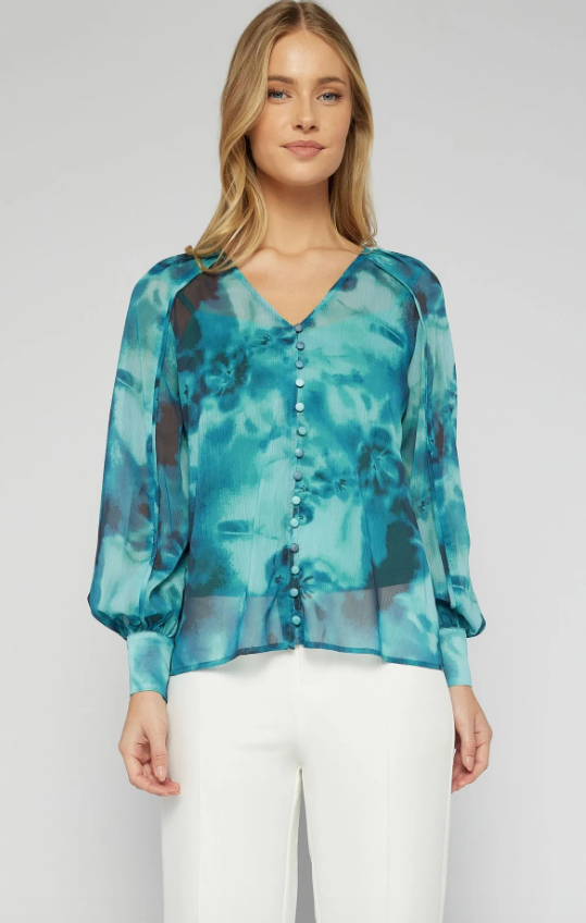 Balloon Sleeve Blouse - Teal Tie Dye