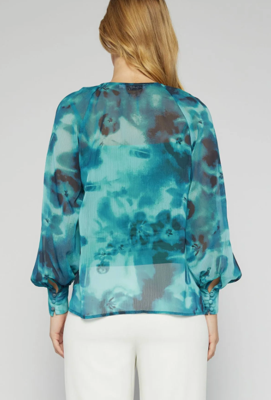 Balloon Sleeve Blouse - Teal Tie Dye