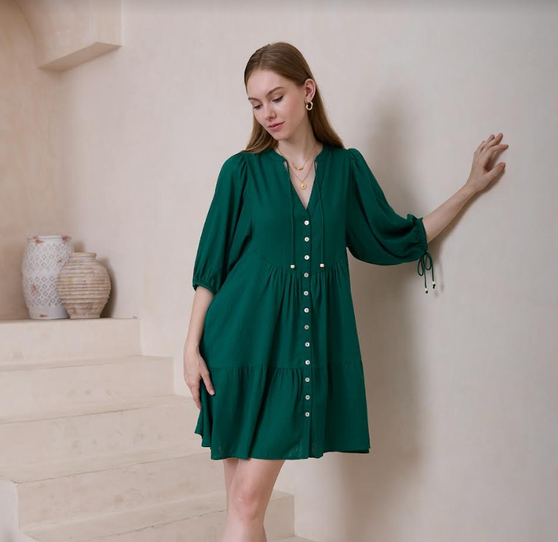 Customer fave Baby Doll Linen Dress - Emerald Green