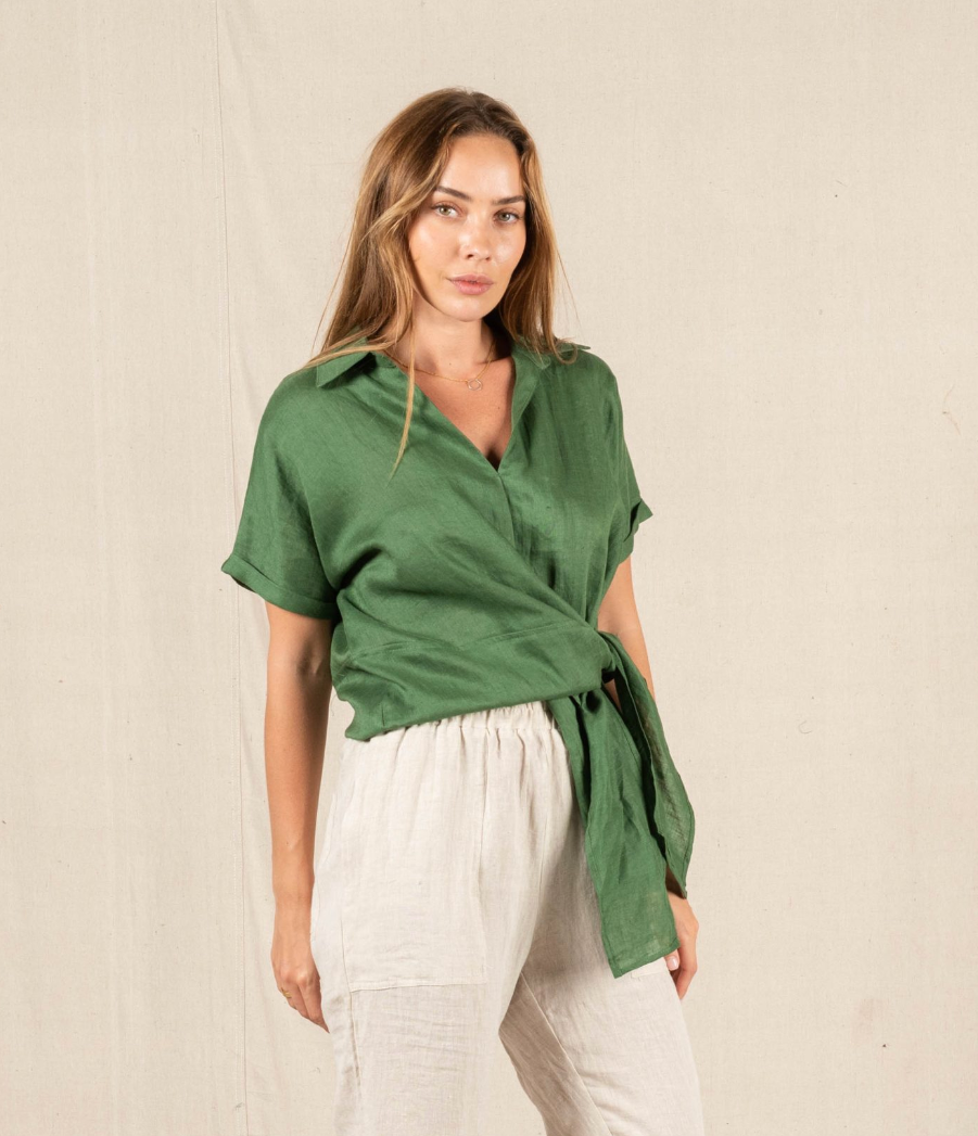 Roll Sleeve Linen Tie Top - Green