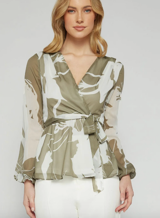 Balloon Sleeve tie waist Blouse - Khaki and Ivory