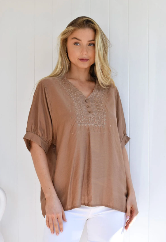 Embroidery Crepe Top - Tan