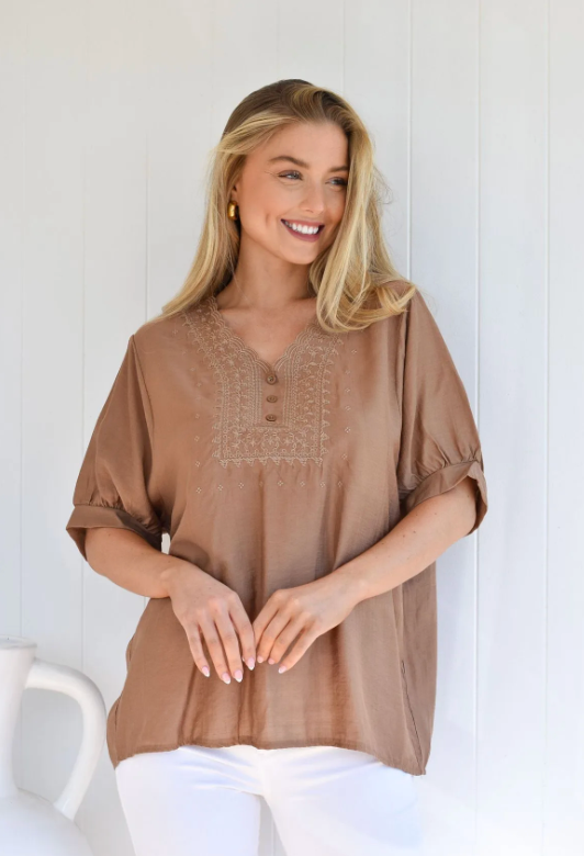 Embroidery Crepe Top - Tan