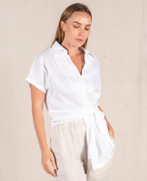 Roll Sleeve Linen Tie Top - White