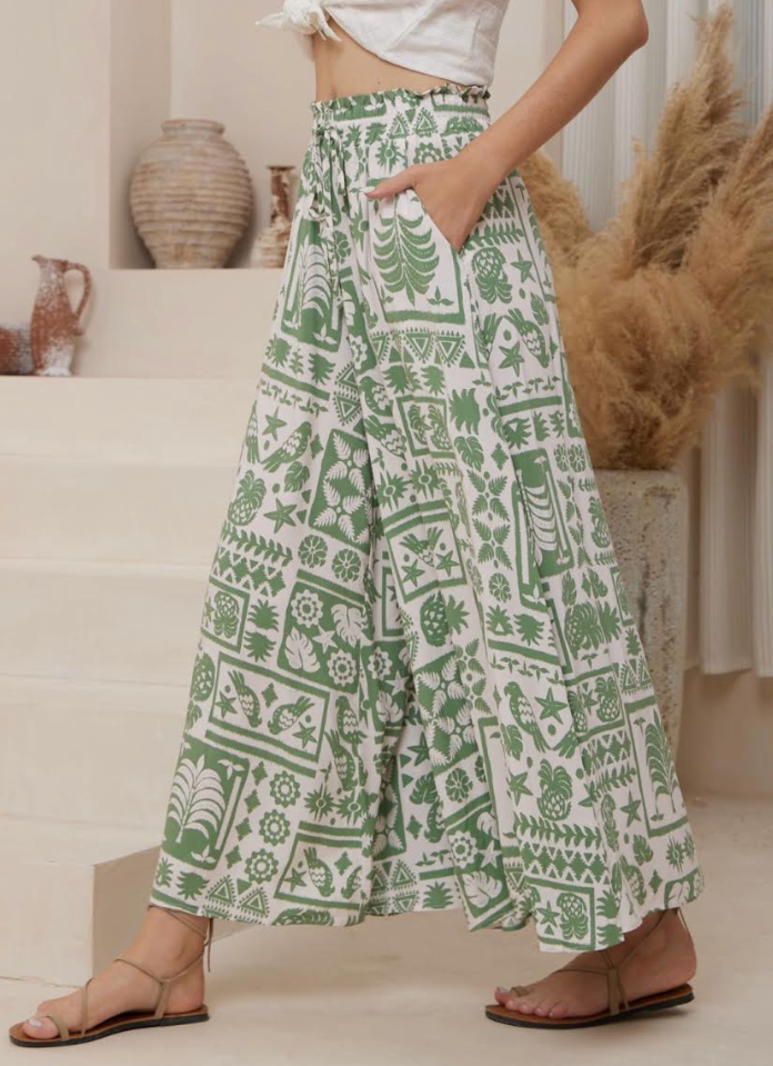 Customer Fave - Palazzo Pants - Green Palm Print