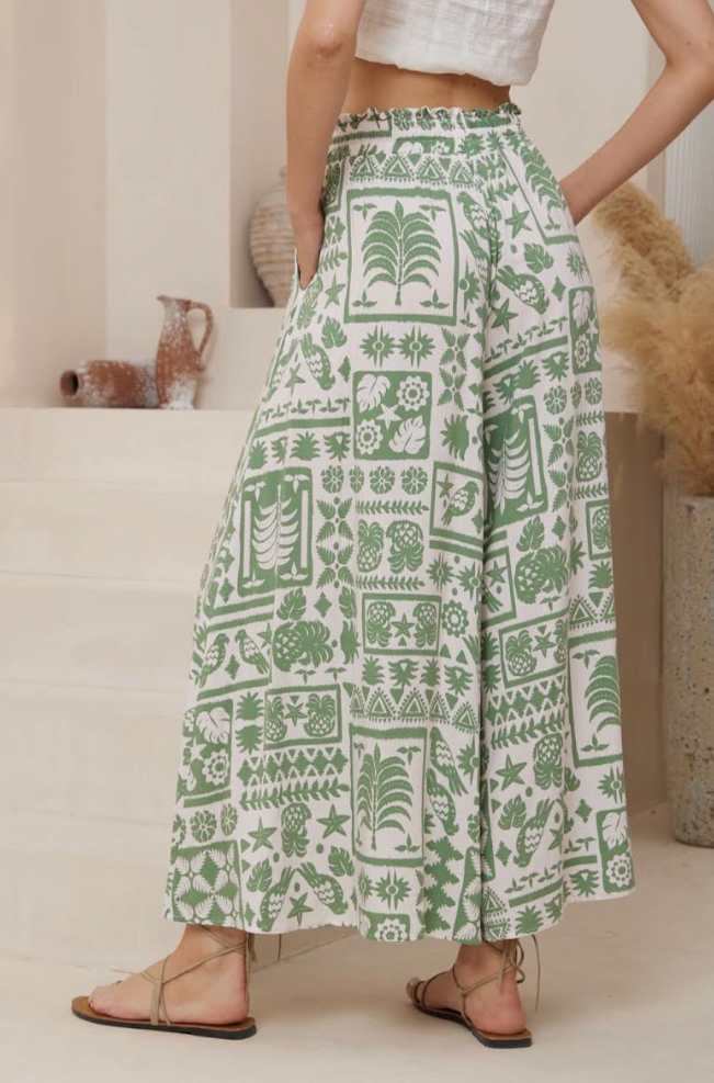 Customer Fave - Palazzo Pants - Green Palm Print