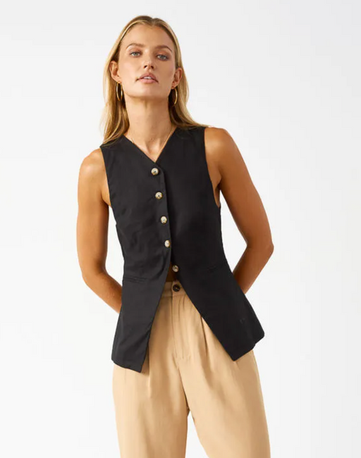 Linen blend Button down Vest Top - Black