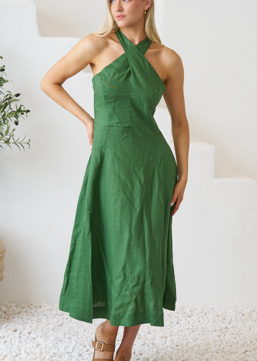 Rhodes Linen Midi Dress - Fern Green