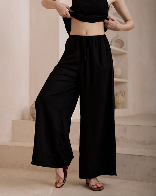 Straight Leg Linen Pants - Black