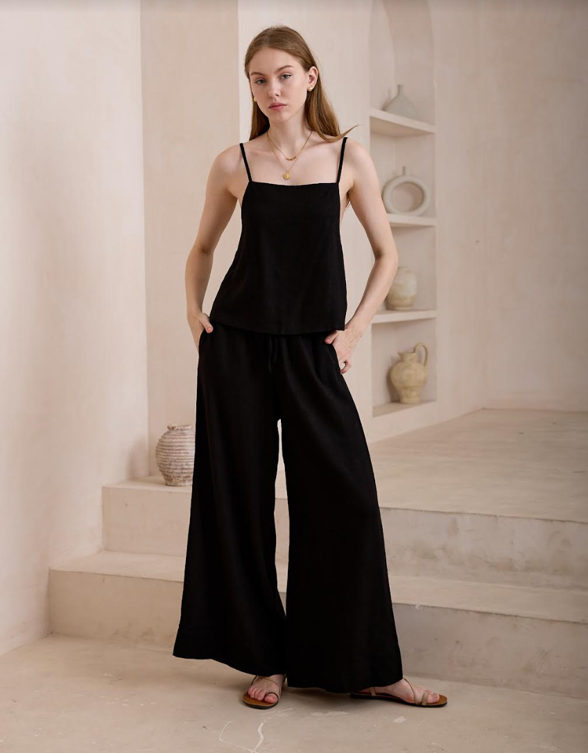 Straight Leg Linen Pants - Black