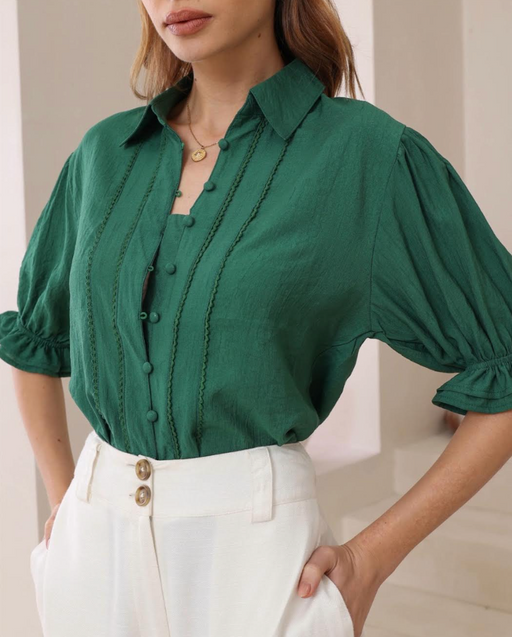 Short Balloon Sleeve Blouse - Green