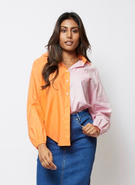 Elastic Sleeve Two tone Shirt - Pink and Orange