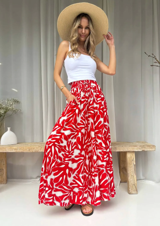 Customer Fave - Palazzo Pants - Red Coral Print