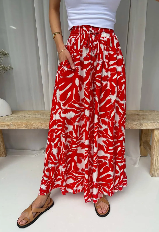 Customer Fave - Palazzo Pants - Red Coral Print