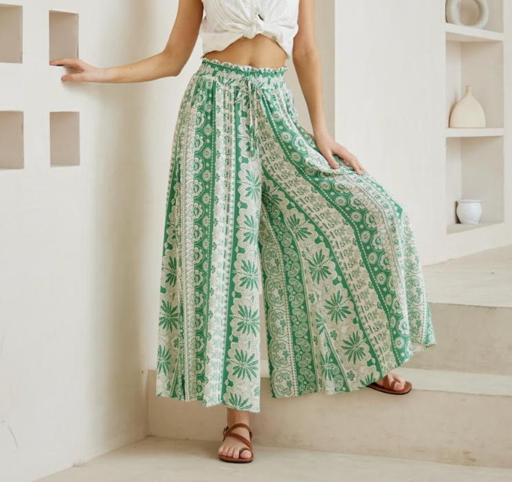 Cropped Palazzo Pants - Green Print