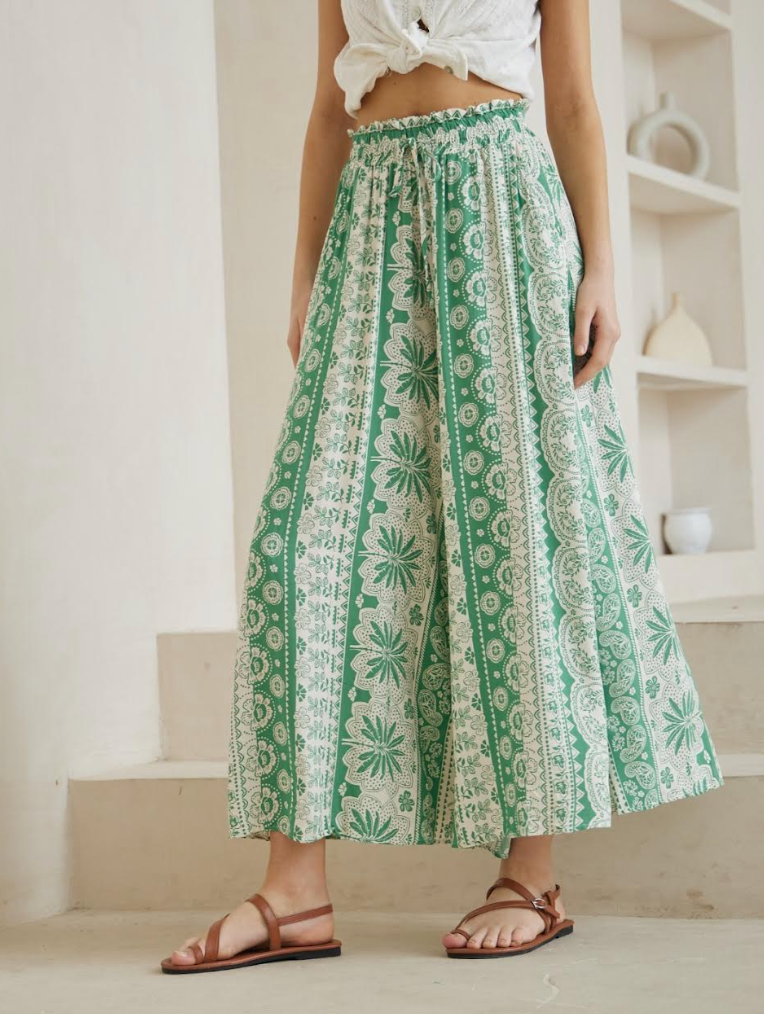 Cropped Palazzo Pants - Green Print