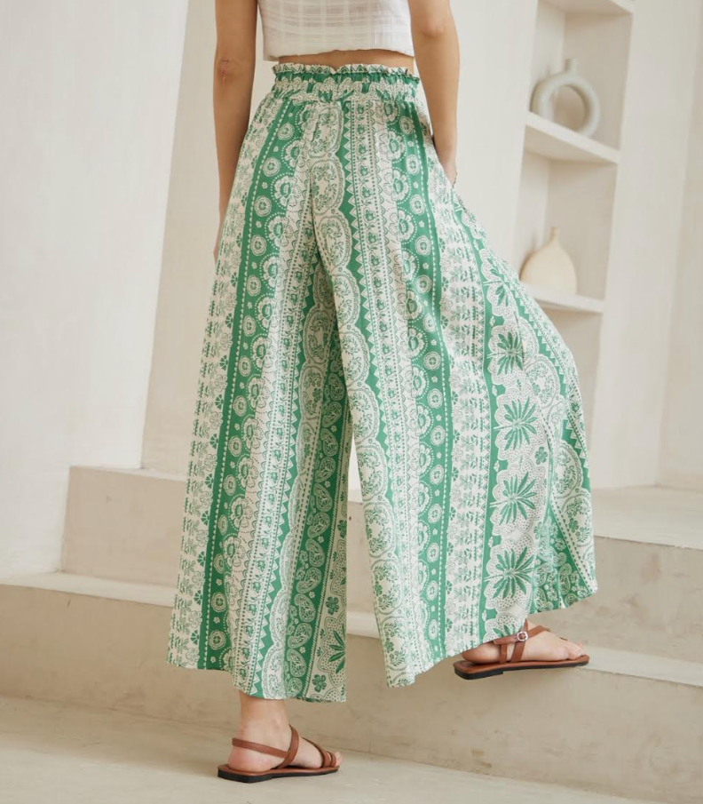 Cropped Palazzo Pants - Green Print