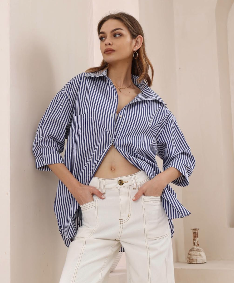 Cotton Stripe button up shirt - Blue and White