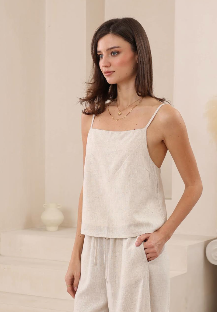 Tie Back Detail Linen Crop Top - Natural