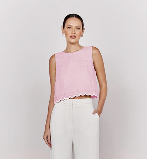 Scallop Hem Crop Top - Pink and White