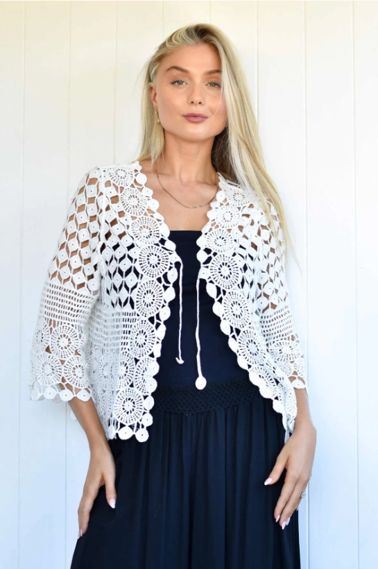 Crochet  tie front Top - White