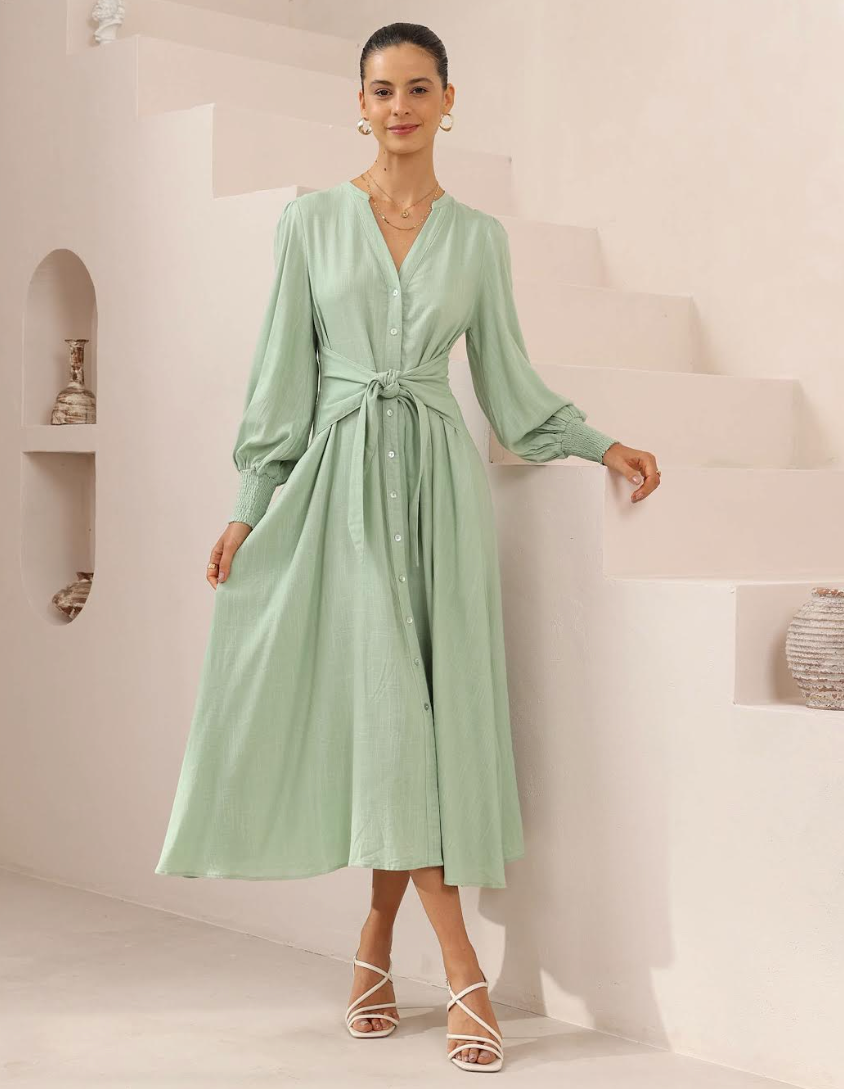 Long sleeve Tie waist Maxi Dress - Sage Green