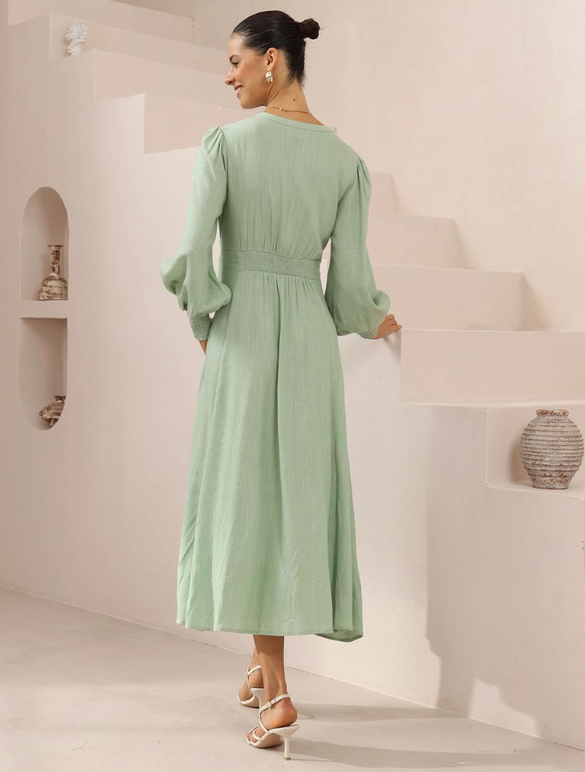 Long sleeve Tie waist Maxi Dress - Sage Green