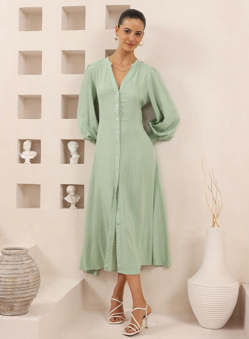 Long sleeve Tie waist Maxi Dress - Sage Green