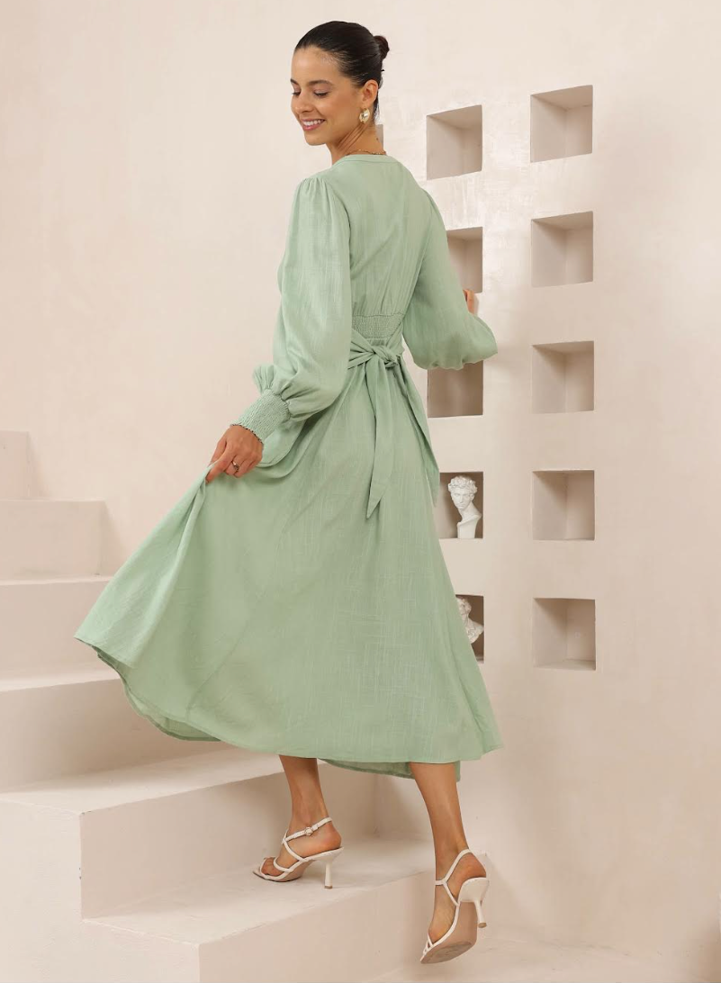 Long sleeve Tie waist Maxi Dress - Sage Green