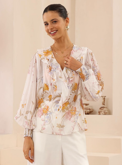 Balloon Sleeve Frill Blouse - White floral