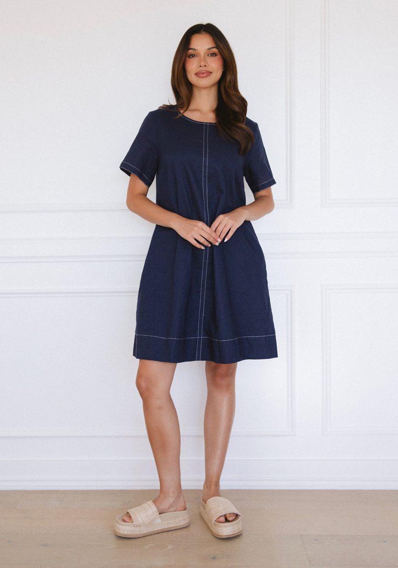 Cotton Poplin Mini Dress - Navy