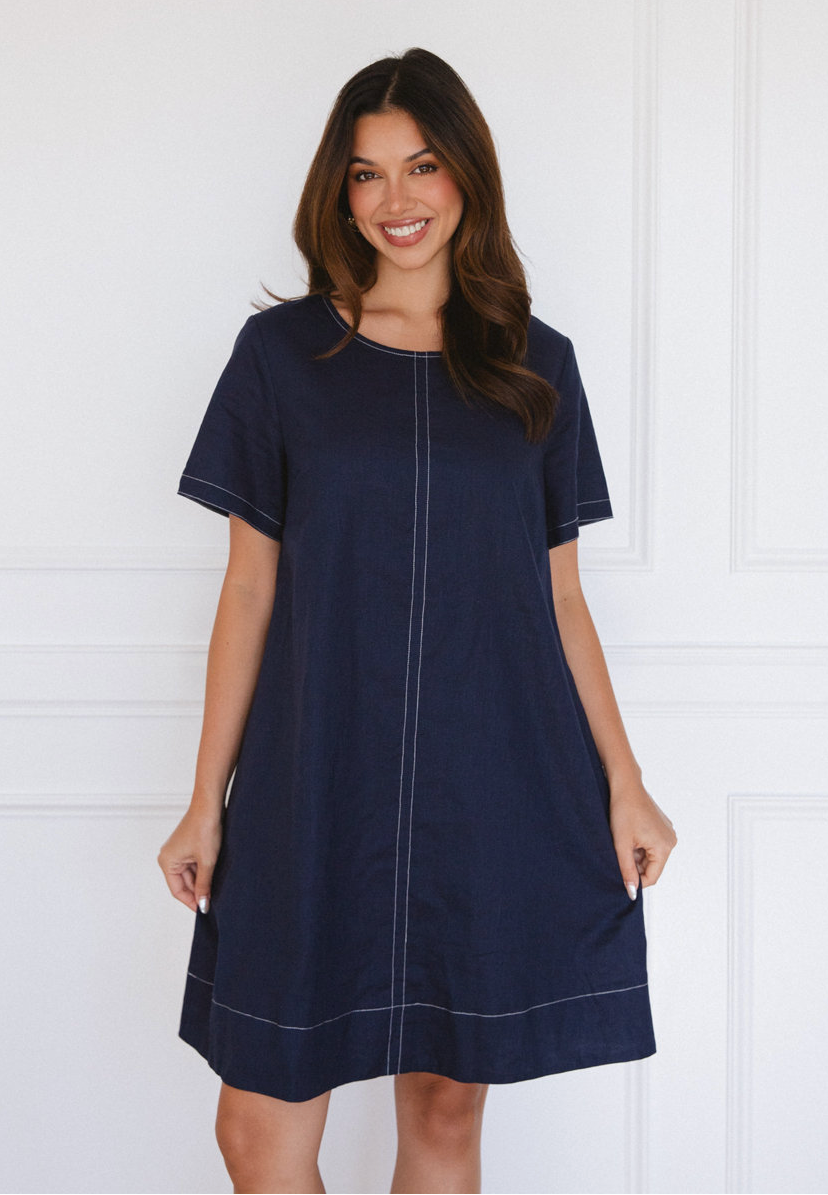 Cotton Poplin Mini Dress - Navy