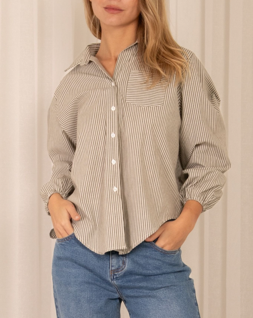 Elastic Sleeve Stripe Shirt - Khaki and White