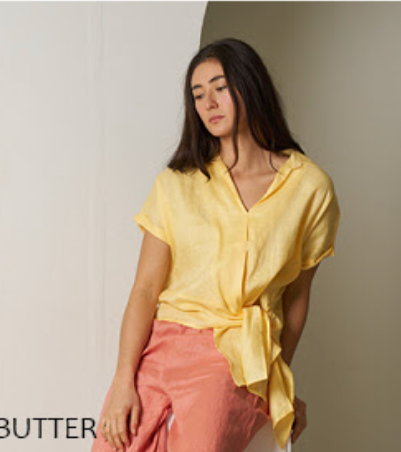 Roll Sleeve Linen Tie Top - Butter Yellow