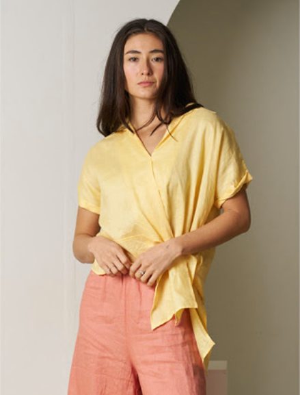 Roll Sleeve Linen Tie Top - Butter Yellow