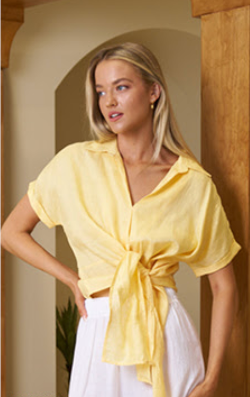 Roll Sleeve Linen Tie Top - Butter Yellow