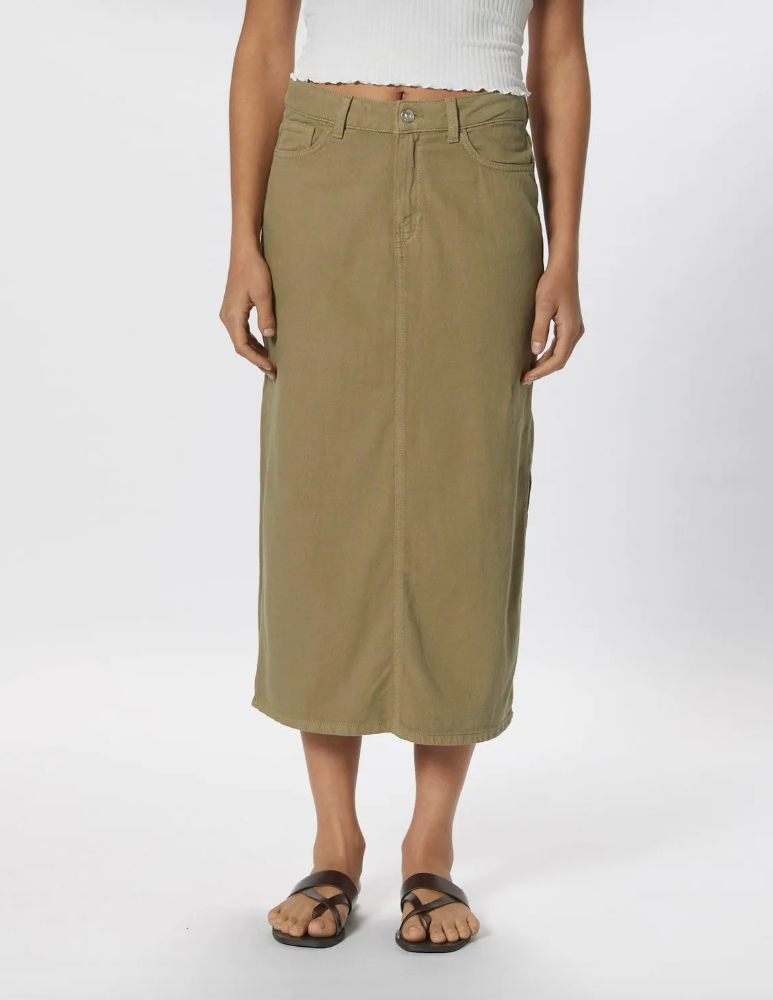 Denim Midi Skirt- Khaki