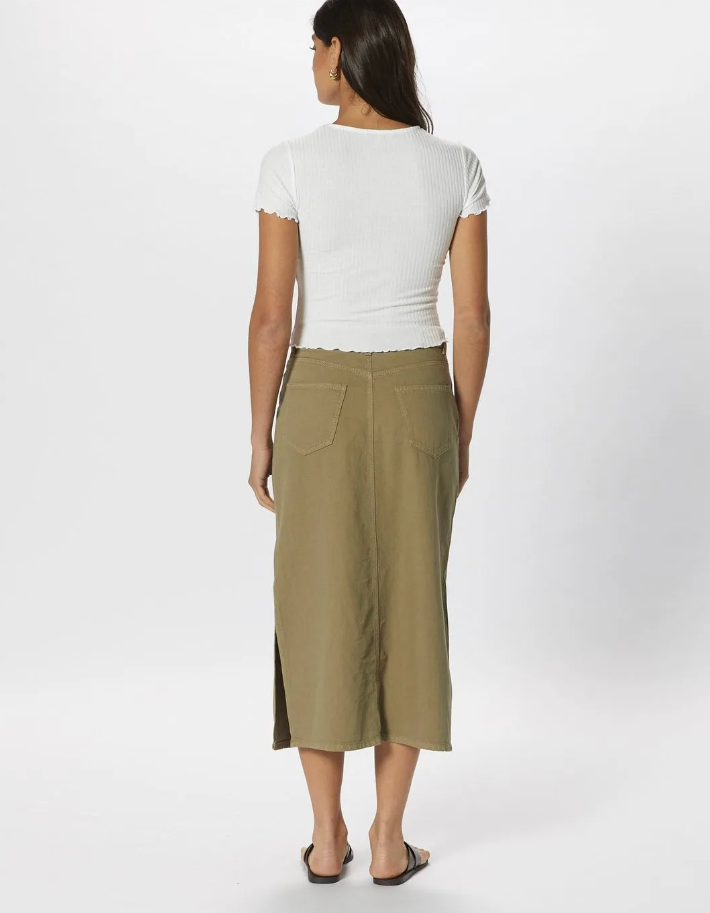 Denim Midi Skirt- Khaki