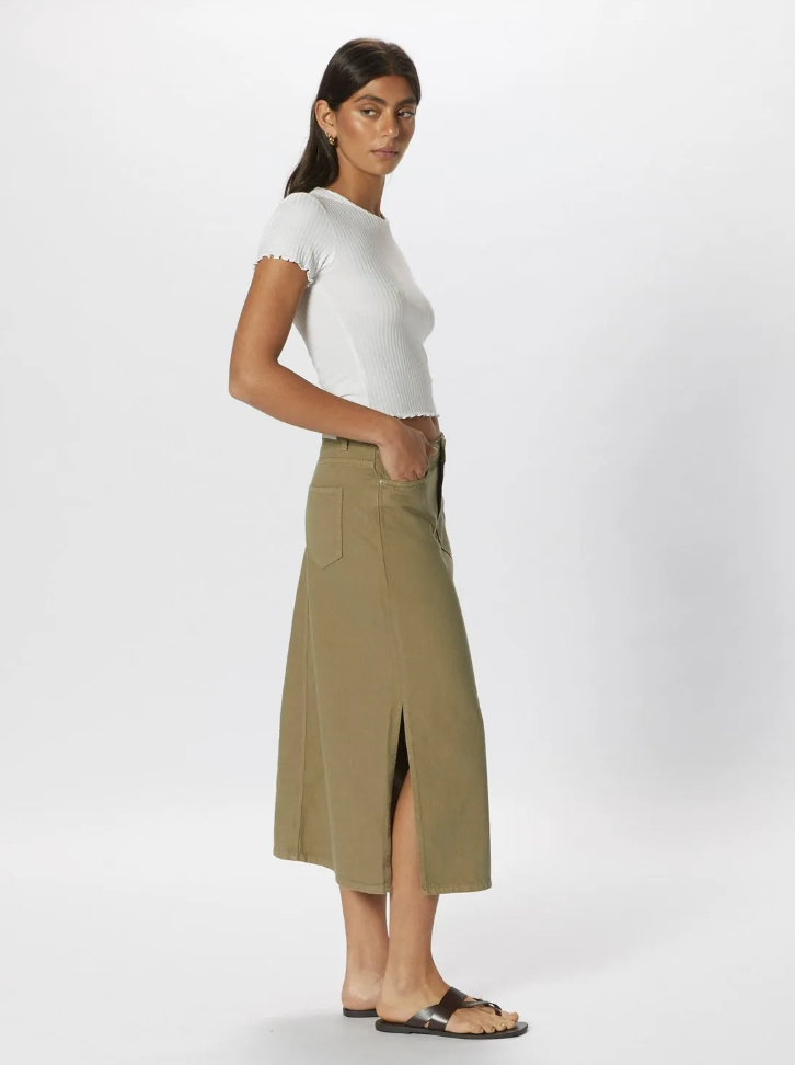 Denim Midi Skirt- Khaki