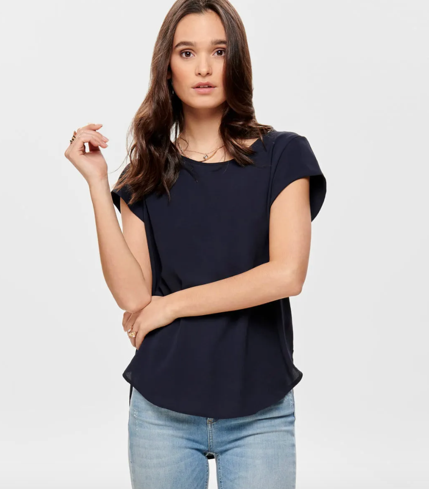 Zip Back Roll Sleeve Blouse - Navy