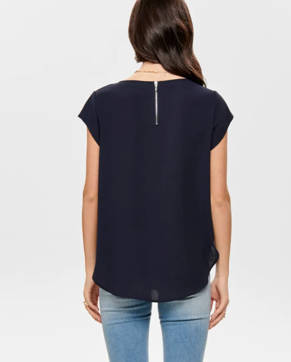 Zip Back Roll Sleeve Blouse - Navy