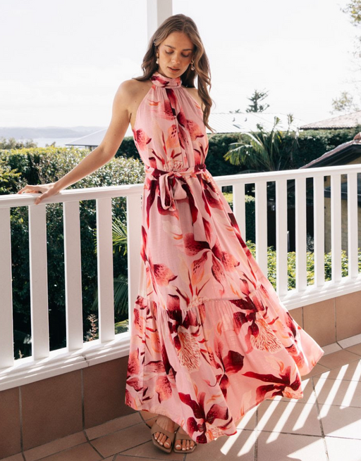 Blush Lily Halter Maxi Dress  - Pink Floral
