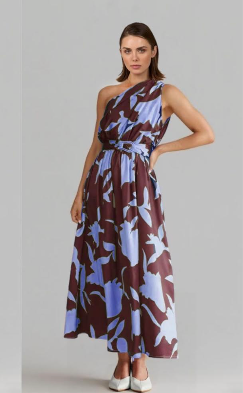 One Shoulder Floral Evening Dress  - Chocolate and Blue