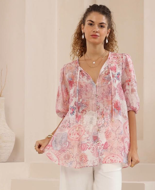 Short Sleeve Blouse - Pink Floral