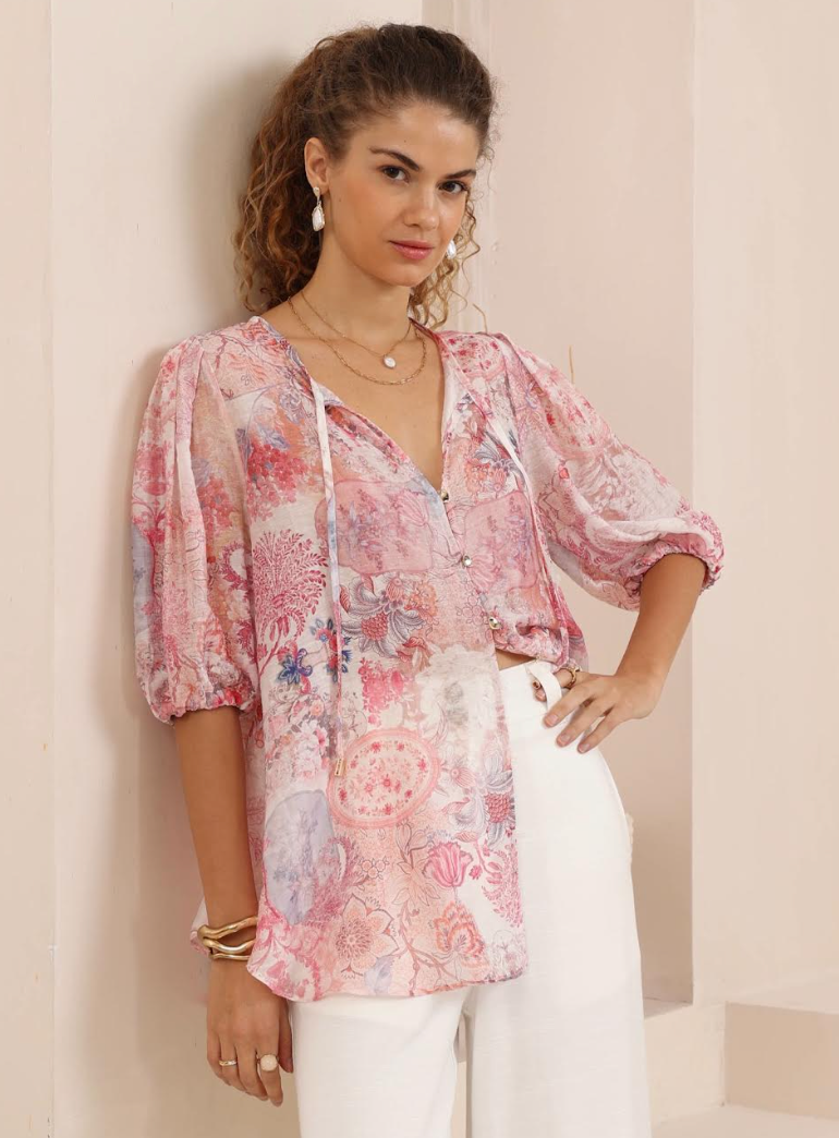 Short Sleeve Blouse - Pink Floral