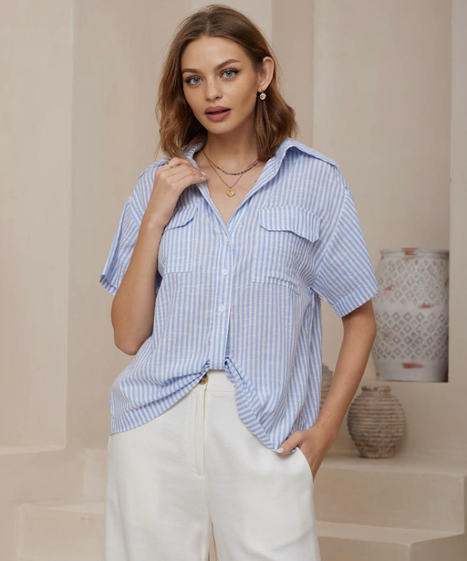Twist detail Stripe Cotton Top - Blue pinstripe