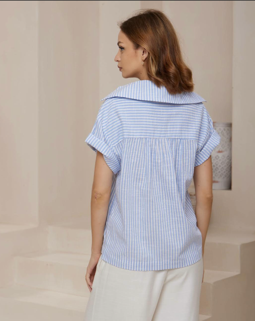 Twist detail Stripe Cotton Top - Blue pinstripe