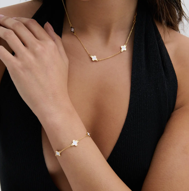 18k Plated Gold Clover and white Necklace